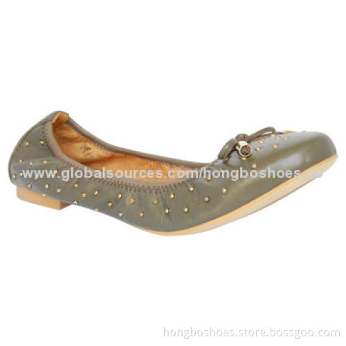 Women's Casual Flat Shoe, Studs on The Toe, Dress Bow, Round Toe, Flat Heel and Rubber Outsole